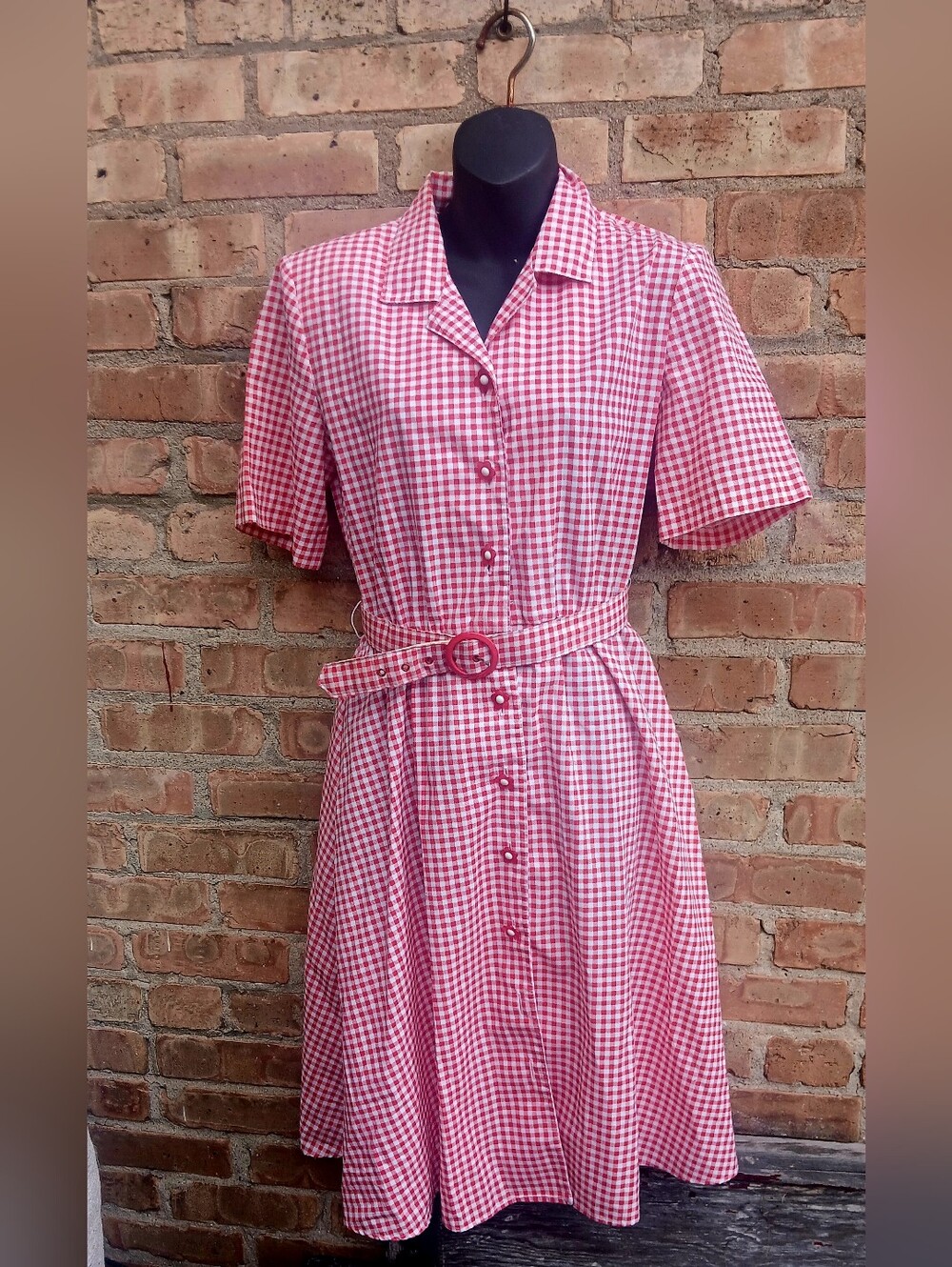 Vintage CALIFORNIA LOOKS Red Gingham Button-Front Dress with Belt 8P